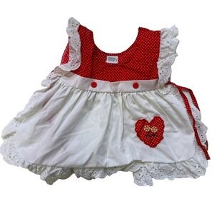 Vintage 70s Sears Dress Girls 24 Mo Red White Polka Dot Heart Lace Trim Toddler